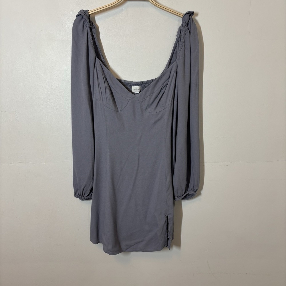 Aritzia Wilfred Novella Smocked Square Neck Mini Dress 6 Gray Blue -‎ Stains